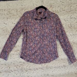 J. Crew Womens Sz 10 100% Cotton Navy and Pink Floral Button Down Shirt, Preppy